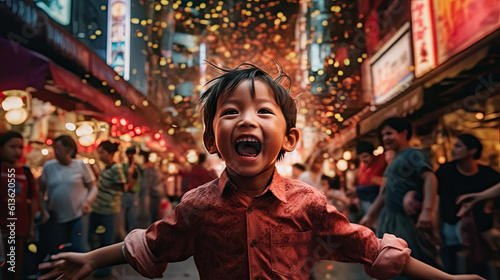 Mały azjataa, dziecko biegnie radośnie podczas karnawału wśród konfetti