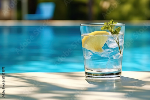Photo of a refreshing glass of lemonade by the poolside
