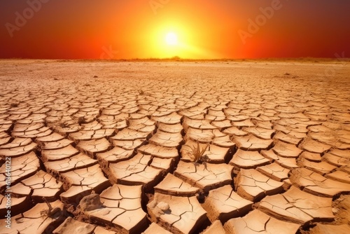 Scorched earth with cracks and dramatic sunset - Global warming concept - AI Generated