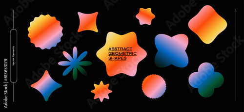 Set of abstract geometric shapes covered in gradients. Collec􀆟on of various shapes of the correct symmetrical shape on a dark isolated background. Graphic elements for your design.