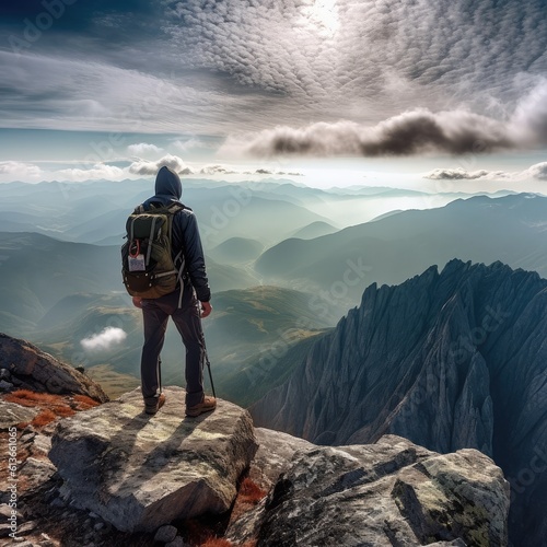 Hiker with backpack standing the summit of a mountain, Experience the exhilaration of a breathtaking mountain