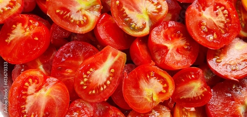 Captivating close-up of halved tomatoes, bursting with freshness, organic goodness, and irresistible juiciness. A vibrant illustration of appetizing, farm-fresh vegetables