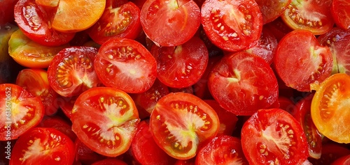 Vibrant close-up of halved tomatoes, showcasing their freshness, organic nature, juiciness, and appetizing appeal. Captivating tomato close-up