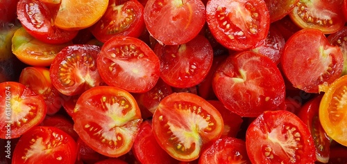 Captivating close-up of fresh, organic halved tomatoes, bursting with vibrant colors, juiciness, and appetizing appeal. A visual celebration of the natural beauty and deliciousness of tomatoes