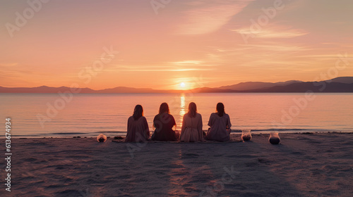Przyjaciółki siedzą na plaży i oglądają wschód słońca. Romantyczny klimat.