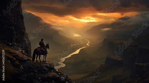 Rycerz patrzy na daleki horyzont wypatrując wrogów, dalekiej podróży. Rzeka, góry, chmury.