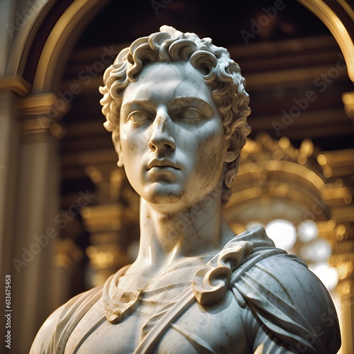 Image of a white marble statue bust of a roman soldier or the demigod hero Hercules. According to Greek mythology, despite not being a God, Hercules was welcomed into Mount Olympus.