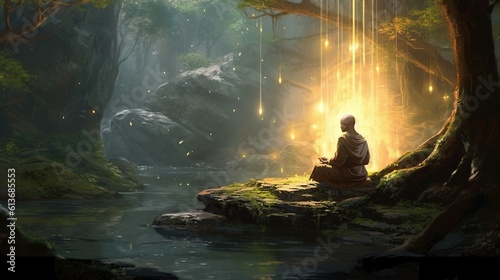 A monk meditating in a peaceful garden. Fantasy concept , Illustration painting.