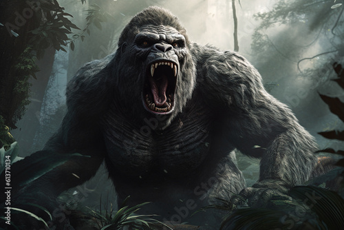 Angry screaming gorilla king kong screaming in jungle, aggressive big monkey with open mouth and fangs in forest. Wild animal 