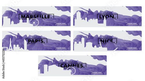 France cities abstract website banner vector set. Modern skyline cityscape landmark template pack collection for Paris, Marseille, Lyon, Cannes and Nice