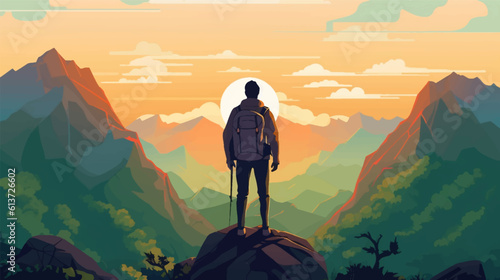 Man with backpack, traveller or explorer standing on top of mountain or cliff and looking on valley. Concept of discovery, exploration, hiking, adventure tourism and travel