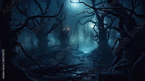 A haunted forest with gnarled trees, dense fog, and the hint of eyes glowing in the darkness, inspiring a sense of dread and the supernatural. Generative AI