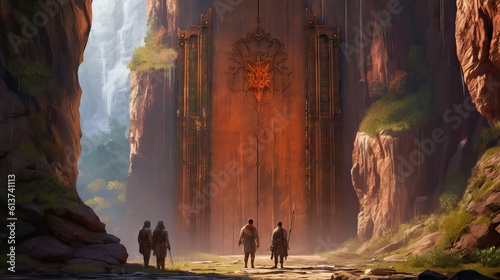 A group of adventurers standing before a massive, mysterious door carved into the side of a mountain. This scene invokes a sense of anticipation and challenge. Generative AI