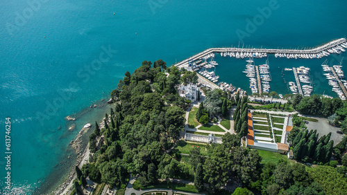 Miramare Castle Trieste Italy drone aerial view. Landscape, background 