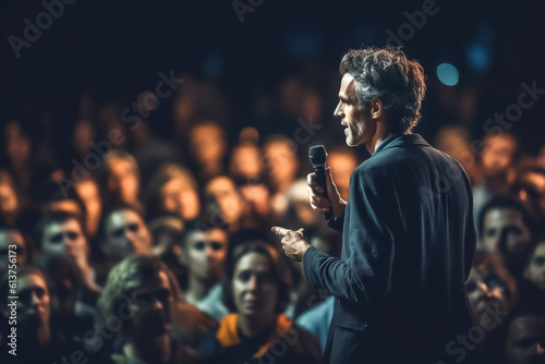 Man gives speech or lecture in front of large audience - Topic Symposium, Lecture, Seminar or Coaching - Generative AI