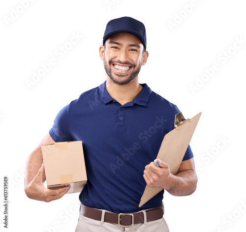 Portrait, box or documents with a delivery man isolated on transparent background for ecommerce shipping. Logistics, retail and courier with a happy young male post office worker on PNG for service