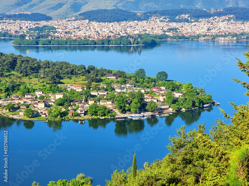 ioannina or giannena city panorama lake pamvotis in spring season greece