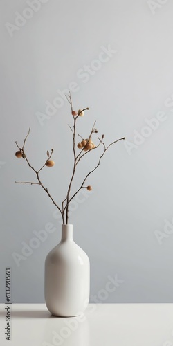 Twig in a Vase on White Background: Minimalism. Generative ai