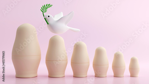 3D rendering of flying dove with olive branch and russian nesting doll on color background, Stop the war concept