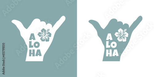 Logo vacaciones en Hawái. Palabra aloha con letras estilo hawaiano con silueta de flor de hibisco en mano con señal shaka. Mano con símbolo hang loose