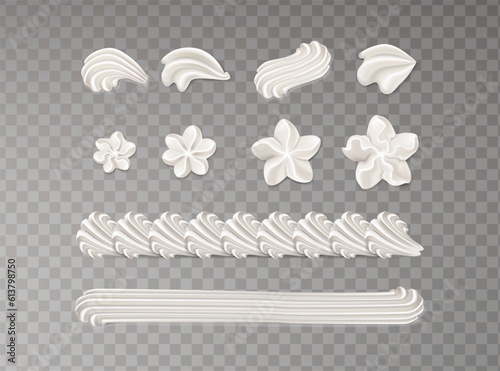 3d realistic vector icon set. Baker cream. Collection of whip cream piping frame patterns. 