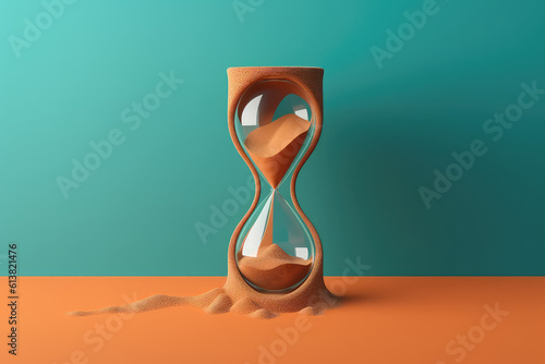 Modern Creative 3D hourglass on a flat colored background with copy space. Minimal deadline concept, the time has come, the expectations. Generative AI 3d render illustration imitation.