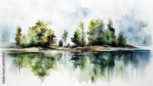 Beautiful picture of a watercolor landscape with a lake