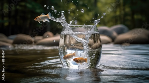 Fish leap out from a glass into a river, bigger wider environment. Concept of courage to leave the comfort zone and free oneself for better. Generative AI