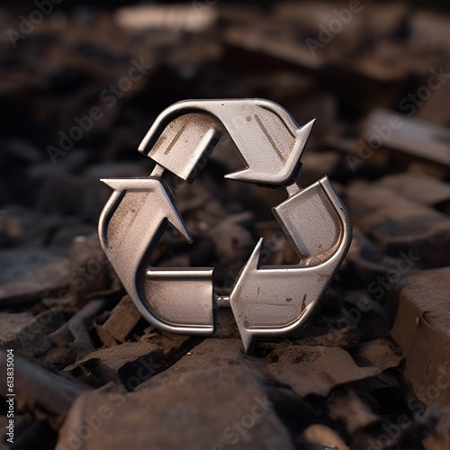 Waste recycling symbol made of metal in silver color on a background of rusty scrap metal