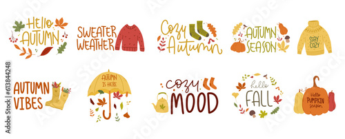 Autumn set of vector hand-drawn inscriptions. A set of handwritten stickers for the slogans of the autumn season. Fall phrases with cute and cozy design elements. Collection of fall phrases, isolated 