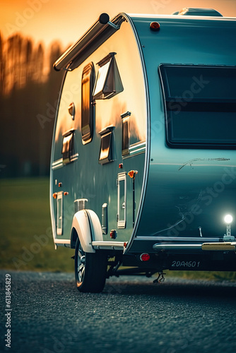 a modern caravan parked in a picturesque location, ai generative