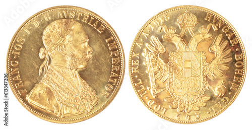 Gold coin four Austrian ducats from 1915 . Austrian gold ducat depicting Kaiser Franz-Josef. Investing in gold, bullion coins
