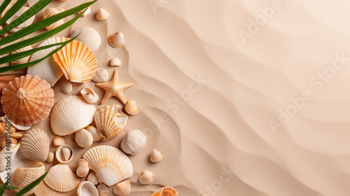 top view of sandy background with dunes and seashells. ai generative