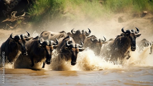  a herd of wildebeests splashing through a river. generative ai
