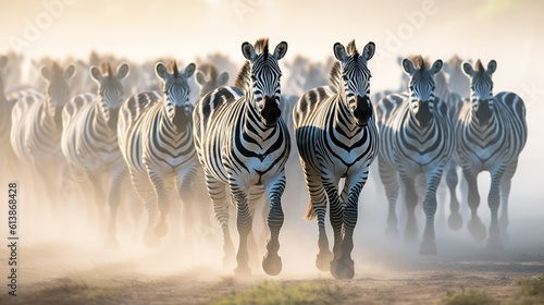  a herd of zebras running across a dusty field in the sun. generative ai
