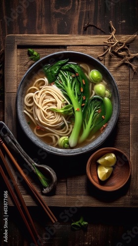 Asian Noodle soup with pak choi, vegetables and sesame seeds on wooden tray. Top view. AI generated