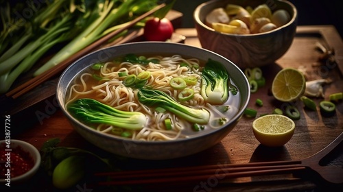 Asian Noodle soup with pak choi, vegetables and sesame seeds on wooden table. Top view. AI generated