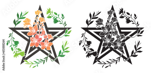 Floral pentagram. Decorated with blooming flower with leaves on white background. Color and silhouette style. Wiccan symbol.