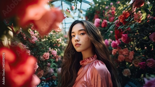 Dziewczyna w palmiarni z pięknymi różowymi kwiatami AI generated