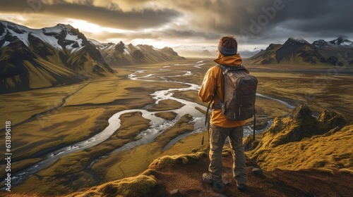 Podróżnik, z plecakiem, patrzy, na horyzont, pokrętne koryto rzeki, góry, majestatyczny widok. AI generated