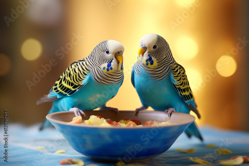 happy and healthy budgies enjoying a bowl of premium pet food Generative AI