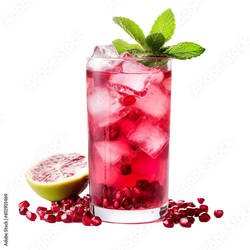 front view of Pomegranate Mojito cocktail drink isolated on transparent background