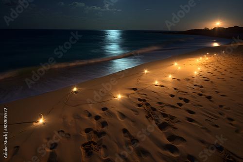 Candles on the seashore at dusk