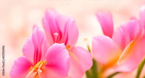 Beautiful flower Gladiolus from smooth elegant transparent fabric concept, contemporary on bright bokeh background 3d pink and peach colors, generative ai