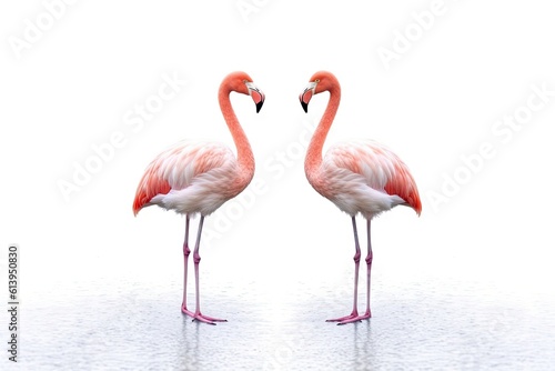 two_flamingos_standing_on_a_white_background