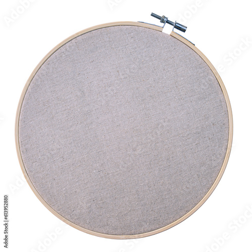 Embroidery hoop with linen fabric isolated on white background. Craft tools and instruments collection.