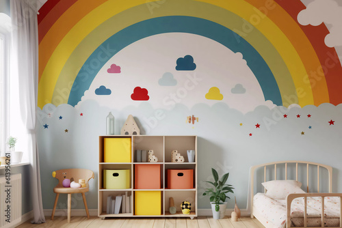 Mur de chambre d'enfant avec un grand arc-en-ciel. Photo générée par IA