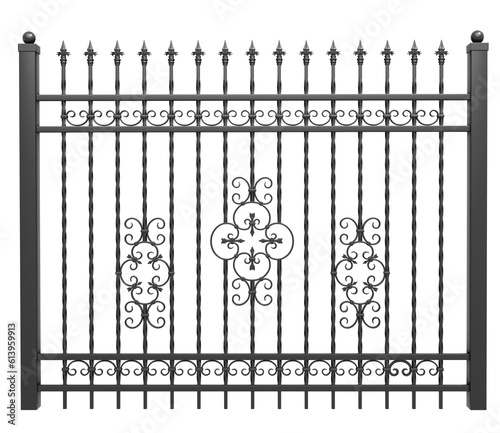 Element of forded fence with supports. Wrought iron fence. 3D render. PNG file.