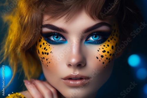 Beauty Model Girl with Leopard Mak-up. Animal Make up. Dark Blue Bokeh Background, generative AI tools