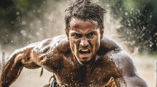 dirty and sweaty extreme athlete fights his way through mud and water